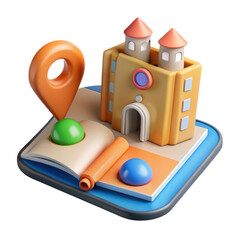 Poster - 3d render of a travel concept with a map location icon building and open book on a white background high quality 3d rendering plastic-style icon isolated on white background