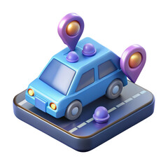 Poster - A captivating 3d rendered illustration showcasing a blue car with location markers and a road section set against a solid white backdrop