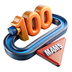 Poster - A captivating 3d rendering of the number 100 with vibrant orange, blue and gray plastic textures, combined with a warning sign on a dark white background