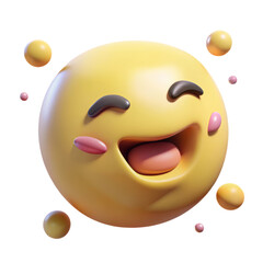 Poster - A cheerful and joyful 3d rendered emoji expression smiling widely with its tongue out against a white background with subtle floating shapes.