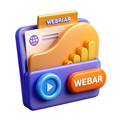 Poster - A colorful 3d rendered concept icon featuring webinar branding elements including a button play symbol and chart elements set on a high quality 3d rendering plastic-style icon