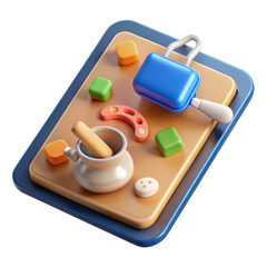 Leinwandbilder - A colorful high-quality 3d rendering of various cooking tools and ingredients arranged on a plastic-style icon with a vibrant aesthetic