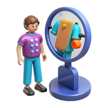 A curious 3d character gazes intently at the reflection of its appearance within a modern circular mirror high quality 3d rendering plastic-style icon isolated on white�background