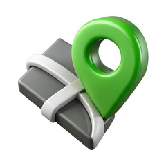 Poster - A high quality 3d rendering of a plastic-style icon that combines a map with a green location marker, isolated on a white background, suitable for travel, navigation and gps.
