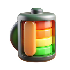 Poster - A high quality 3d rendering plastic-style icon depicting battery charging levels with a colorful gradient of green to orange against a stark white background.
