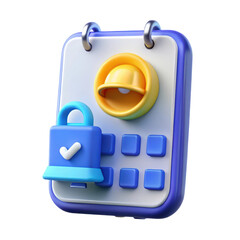 Fototapete - A high quality 3d rendering plastic-style icon featuring a blue padlock with a checkmark, calendar, and safety helmet isolated on white background.
