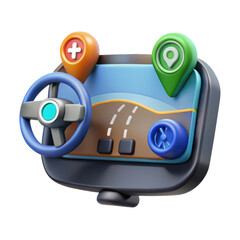 Poster - A high quality 3d rendering plastic-style icon of a navigation system with a steering wheel and location markers for easy travel guidance