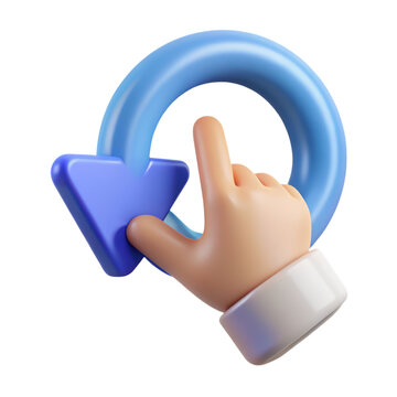 A high quality 3d rendering plastic-style icon of a hand touching a blue arrow in a looping circle shape against a white background