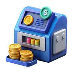 Poster - A modern 3d rendered atm machine featuring gold dollar coins and colored cylinders with a high quality design over a clean white background