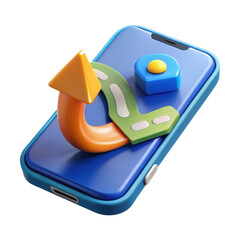 Leinwandbilder - A vibrant 3d rendered mobile phone with a colorful arrow and navigation marker representing direction guidance and location on a white background