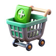 © Digital - A vibrant high quality 3d rendering of a shopping cart featuring a health symbol icon representing medical and healthcare purchases isolated on a white background.
