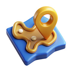 Poster - A vibrant high quality 3d rendering of a plastic-style location marker resting on a minimalist stylized map concept over a white backdrop.