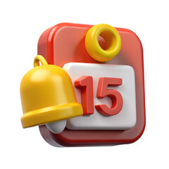 Fototapete - A vibrant high quality 3d rendering plastic-style icon showing a calendar with the number fifteen and a yellow bell for reminders on a white background.
