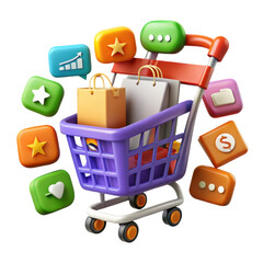 Poster - A visually stunning 3d rendering depicting a shopping cart filled with shopping bags surrounded by colorful icons against a white background.