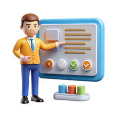 Poster - Business professional presents survey results with checkmarks and options represented in a high quality 3d rendering plastic-style icon