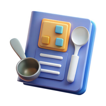 Charming high quality 3d rendering plastic-style icon of a recipe book with a measuring scoop and spoon isolated on white background