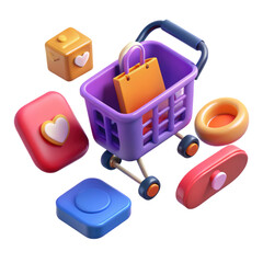 Poster - Colorful 3d rendered shopping cart surrounded by abstract floating shapes including love hearts and boxes with a white background.