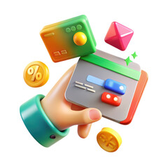 Poster - Creative high quality 3d rendering of a credit card with a hand a percentage sign coin and a pink 3d-style icon
