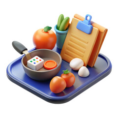Poster - Creative still life illustration showcasing 3d rendered fruits vegetables and culinary tools arranged together on a tray high quality 3d rendering plastic-style icon isolated on white�background