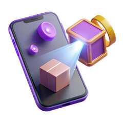 Aufkleber - High quality 3d rendering plastic-style icon of a smartphone with a projector and delivery box on a solid white background