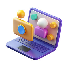 Poster - High quality 3d rendering plastic-style icon of laptop with a user icon and camera element isolated on white background.