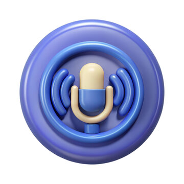 High quality 3d rendering plastic-style microphone icon with sound waves and a circular background isolated on white background