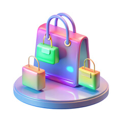 Poster - Modern gradient shopping bag and accessories 3d rendering design on a circular podium with metallic handles on a white background