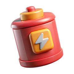 Poster - Modern high quality 3d rendering plastic-style icon representing battery charge or energy symbol with vibrant red and yellow colors isolated on a white background
