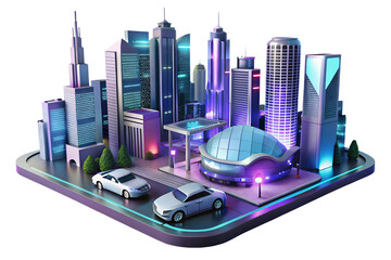 Poster - Futuristic city landscape with modern architecture and two cars on a platform with neon lights on transparent background