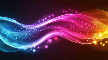 Poster - Colorful flowing wave lines with glowing particles on dark background. Digital abstract pattern for modern design and technology concept.