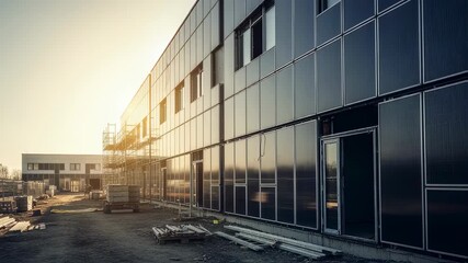 Poster - Construction site of a modern building with solar panels integrated into the facade, bathed in the warm glow of the setting sun, representing sustainable architecture and renewable energy