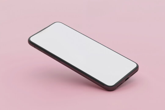 Smartphone resting on pink gradient background in mockup template. 3D rendering of mobile device. Mobile phone isolated on empty screen, blank display, white background, business space.