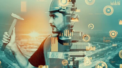Poster - Future building construction and inventive engineering project concept with HUD hologram graphic design. Building engineer, architect people or construction worker works with modern civil technology.