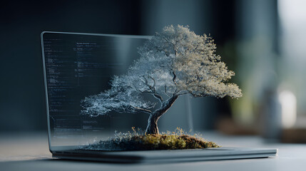 Laptop screen displays holographic tree with code technology