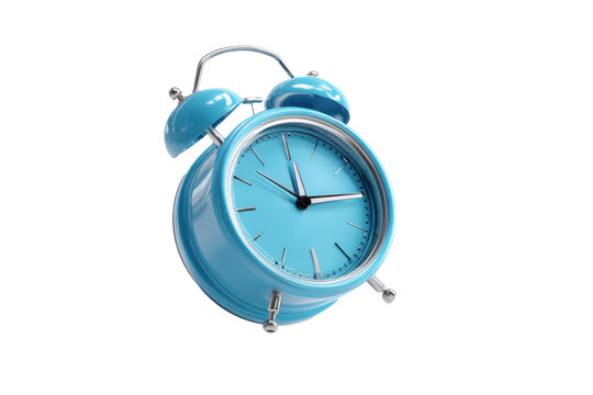 Isolated blue alarm clock flying over white background