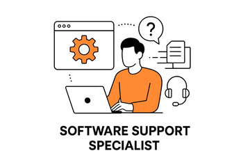 Poster - Software support specialist assisting users with technical issues on a laptop at a desk in a modern office environment