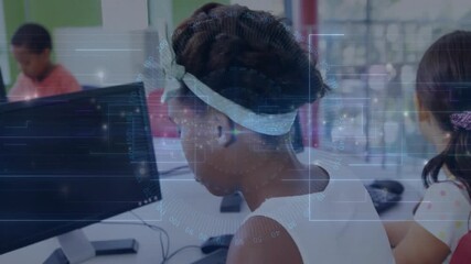 Poster - child girl typing keyboard initiating digital grids, peers typing, turning head smiling in tech lab