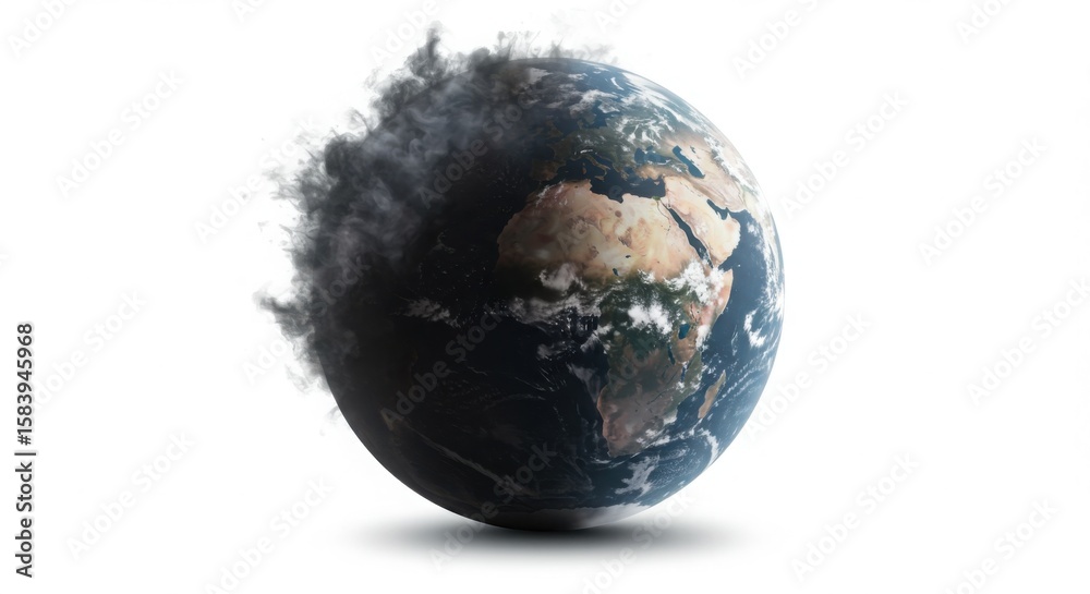 Earth globe with dark smoke representing pollution and climate change ...