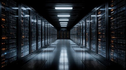 Poster - Dark server room interior metal racks bright lights technology concept