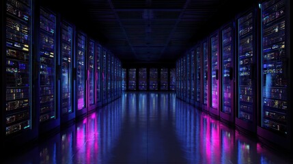 Poster - Data center servers illuminated racks and reflective floor