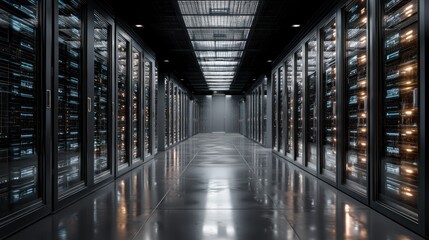 Poster - Modern server room corridor dark interior data center technology