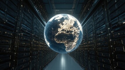 Poster - Glowing earth in futuristic server room global network concept