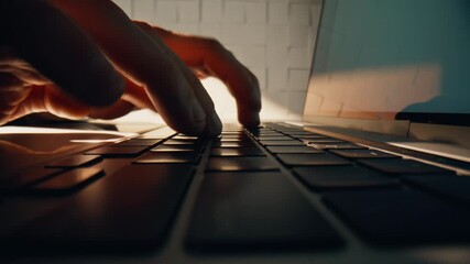 Wall Mural - Closeup worker fingers typing keyboard laptop making online research working