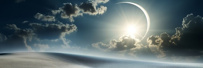 Wall Mural - the sky is dark and cloudy, with a crescent moon shining brightly in the middle. the clouds cover th