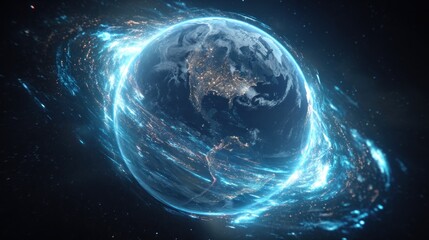 Poster - Glowing earth digital planet with energy swirl night lights