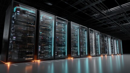 Poster - Illuminated servers in modern data center technology and network concept