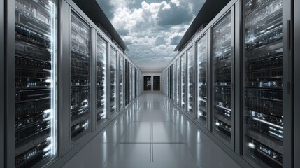 Poster - Glowing server racks in modern data center corridor technology concept