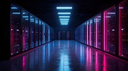 Poster - Neon lit server corridor data center technology digital network futuristic background