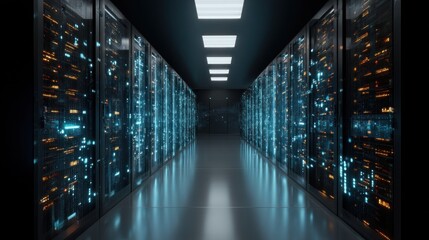 Poster - Data center server room corridor illuminated technology and network infrastructure