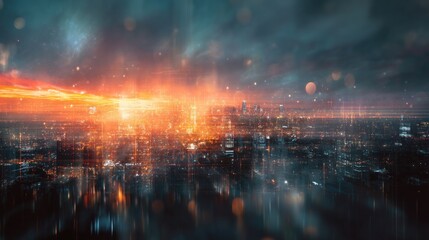 Poster - Futuristic cityscape at night digital art with orange and blue hues